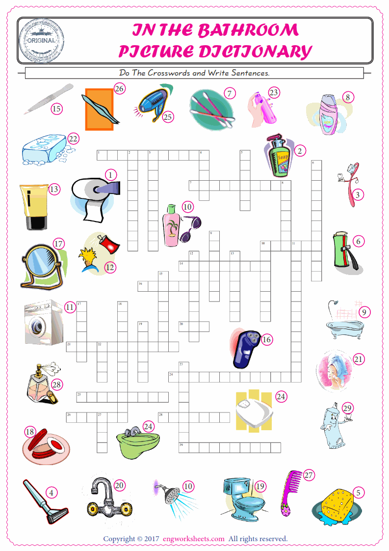  ESL printable worksheet for kids, supply the missing words of the crossword by using the Bathroom picture. 